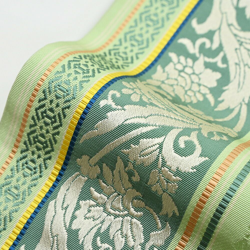 半幅帯 wo480 半巾帯 本場筑前博多織り 正絹 細帯 深緑 新品 帯 半幅帯 本場筑前「博多織」紗夏帯 - 献上柄 蔦唐草(黒) 正絹 単衣帯