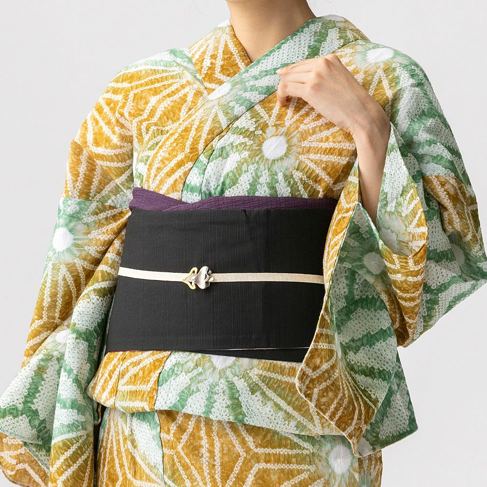和小物 帯留め・三分紐セット 美濃焼 一粒 グリーン×シルバー マスタードイエロー カジュアル 普段着物 伝統工芸 Mサイズ 新品 【キモノオフ野々市若松店】 四分紐 綾高麗耳付昼夜【A】｜京都の着物和装小物 ゑり正