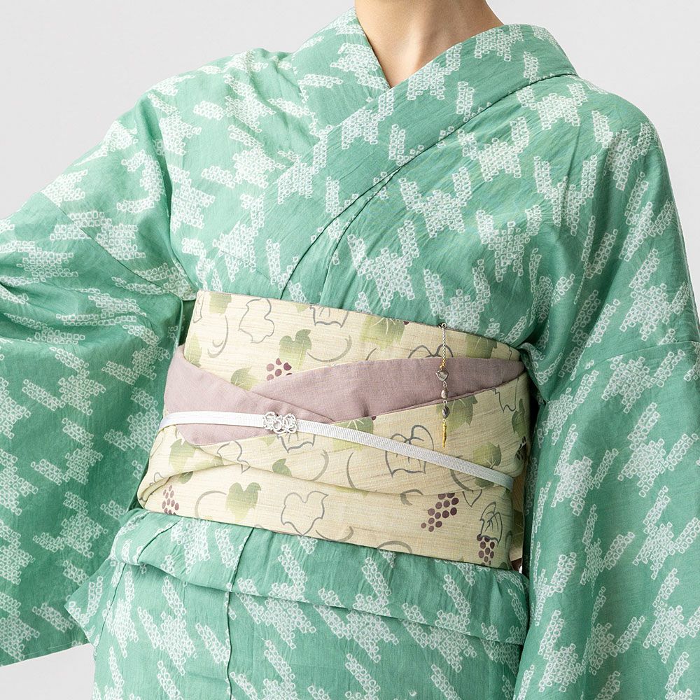 本麻 葡萄唐草 ぶどう柄 リバーシブル ゆかた用 半幅帯 麻100％ 半巾帯