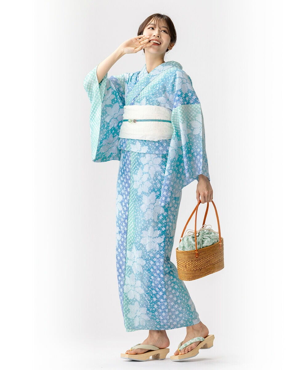 【絞り浴衣】長尺 宝珠 花模様 水色 普段着 木綿 夏着物 カジュアル 8UG3 絞り浴衣】長尺 宝珠 花模様 水色 普段着 木綿 夏着物 カジュアル 8UG3