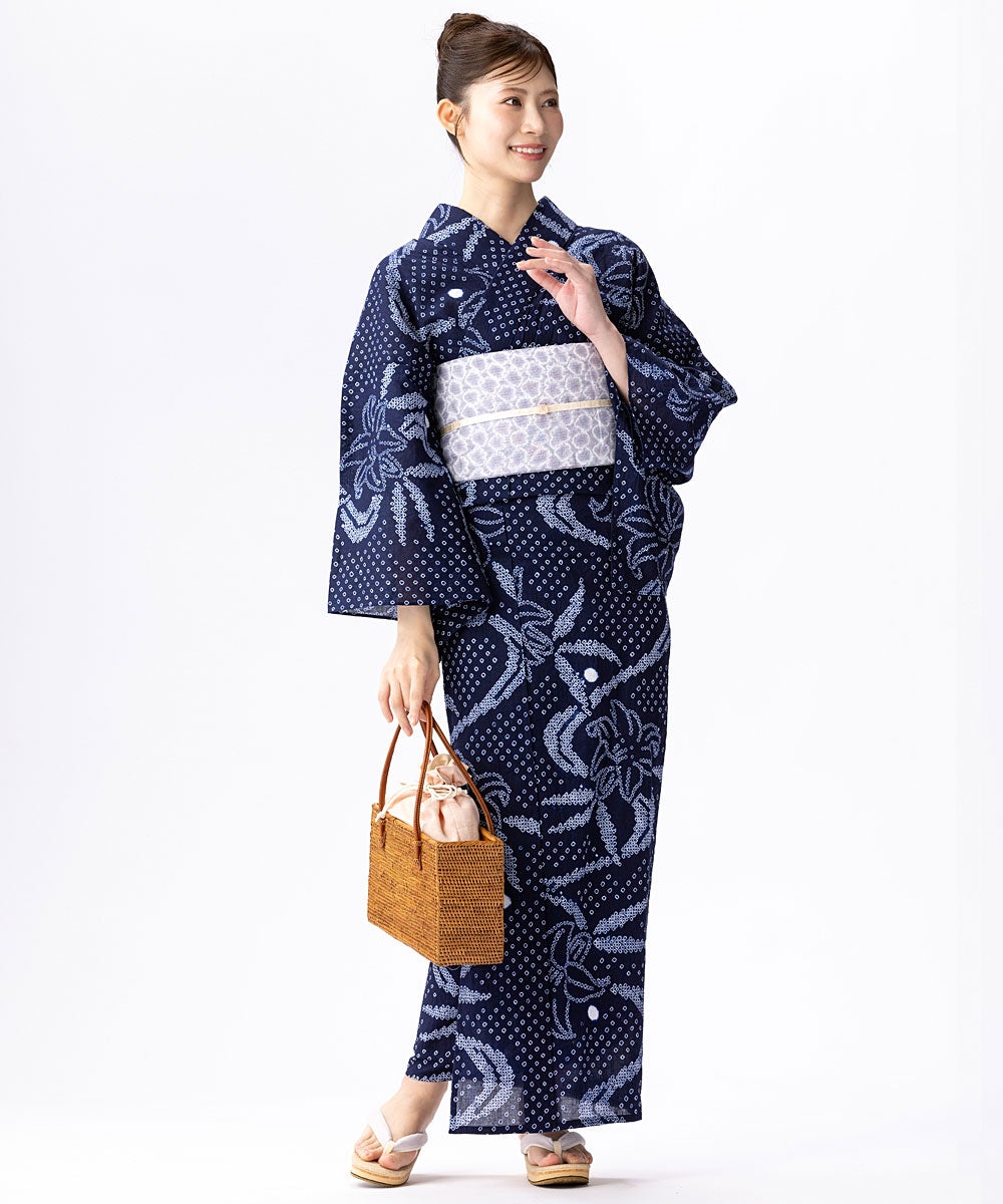 有松絞り浴衣　半幅帯、帯留、三分紐　4点セット 6/1まで5％オフ＞やたら三浦絞り 有松絞り リバーシブル 半幅帯 紫