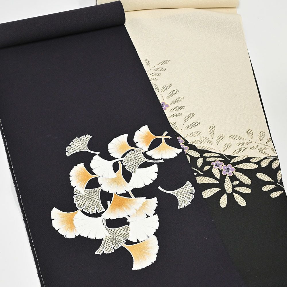 お仕立て代込＞名古屋帯 染め帯 九寸帯 塩瀬 紫小花 黒 ベージュ