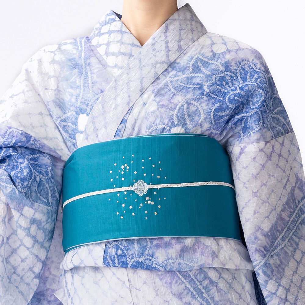 m442 裂織　半幅帯　浴衣帯 浴衣 帯 リバーシブル 刺繍 半幅帯 星 あられ ターコイズ | 有松絞り