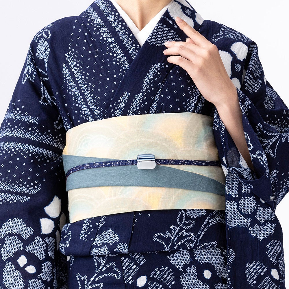 半幅帯紺色ドット柄刺繍ストライプ柄水玉模様リバーシブル着物浴衣帯ネイビーホワイト 6/1まで5％オフ＞本麻 青海波 リバーシブル 半幅帯 | 有松絞り浴衣